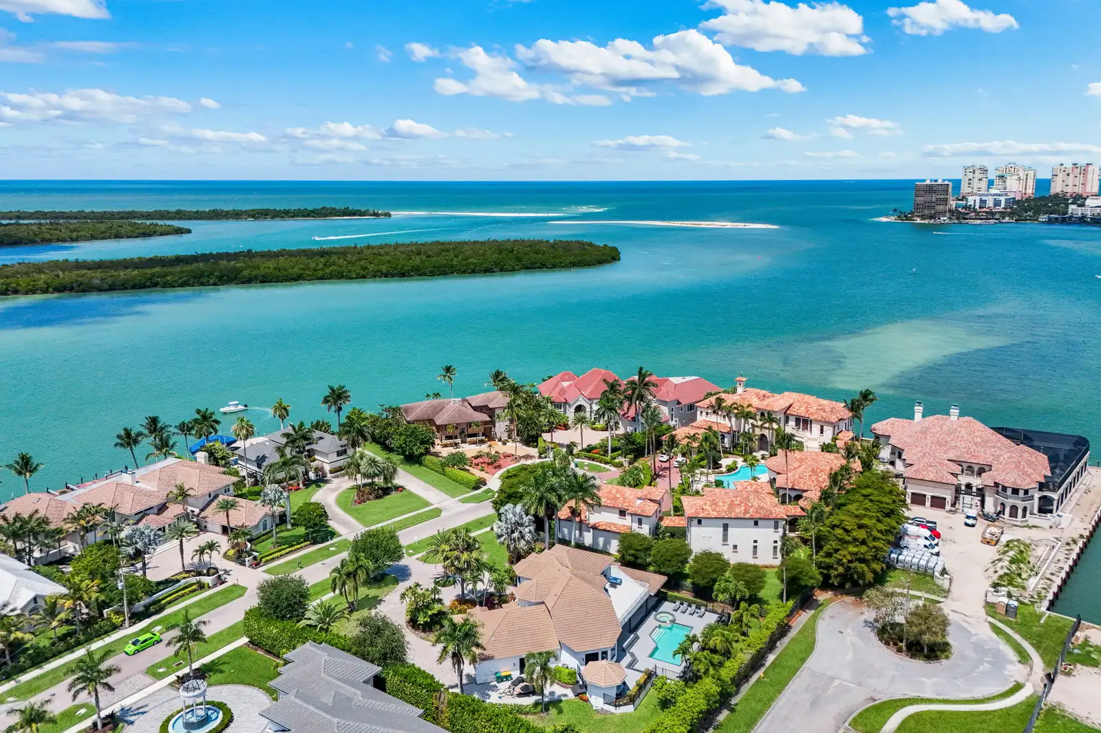 Aerial photograph of waterfront homes and the Marco Island coastline